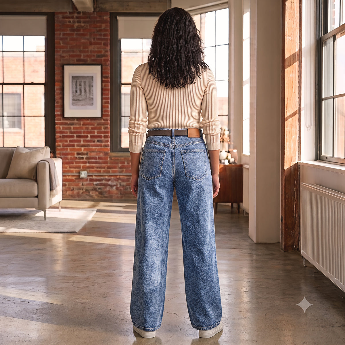 Women's Wide Leg Jeans - Acid Wash Blue - High Waisted Baggy Jeans - Stone Wash Denim