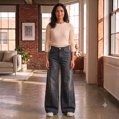Women's Wide Leg Jeans - Black Denim - High Waisted - 34 Waist - Wide Leg Baggy Jeans