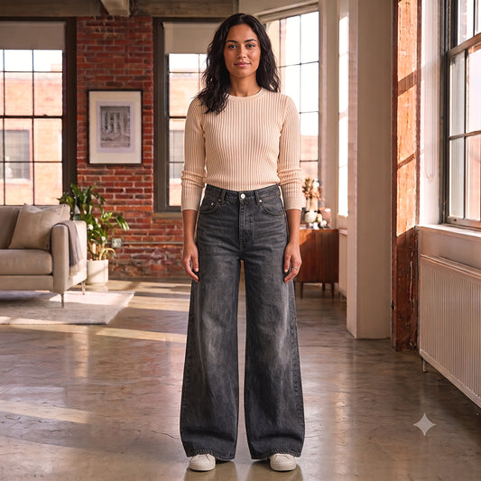 Women's Wide Leg Jeans - Black Denim - High Waisted - 34 Waist - Wide Leg Baggy Jeans