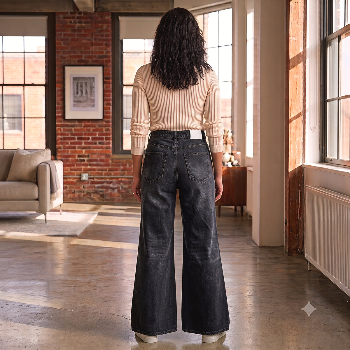 Women's Wide Leg Jeans - Black Denim - High Waisted - 34 Waist - Wide Leg Baggy Jeans