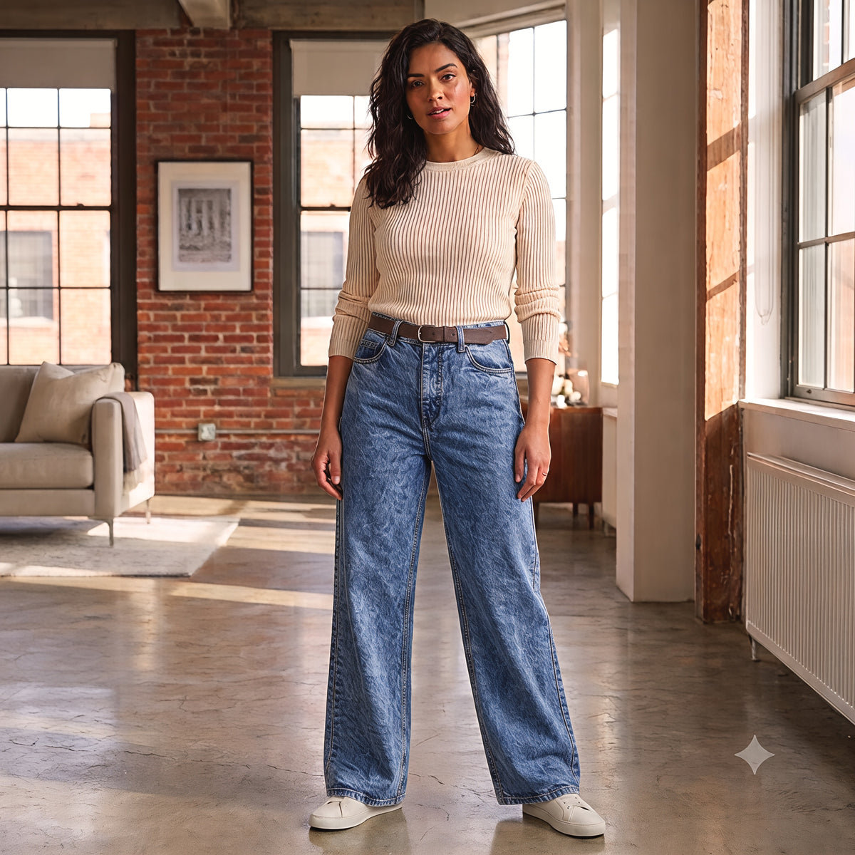Women's Wide Leg Jeans - Acid Wash Blue - High Waisted Baggy Jeans - Stone Wash Denim