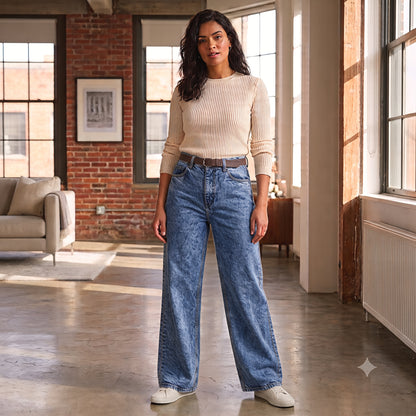 Women's Wide Leg Jeans - Acid Wash Blue - High Waisted Baggy Jeans - Stone Wash Denim
