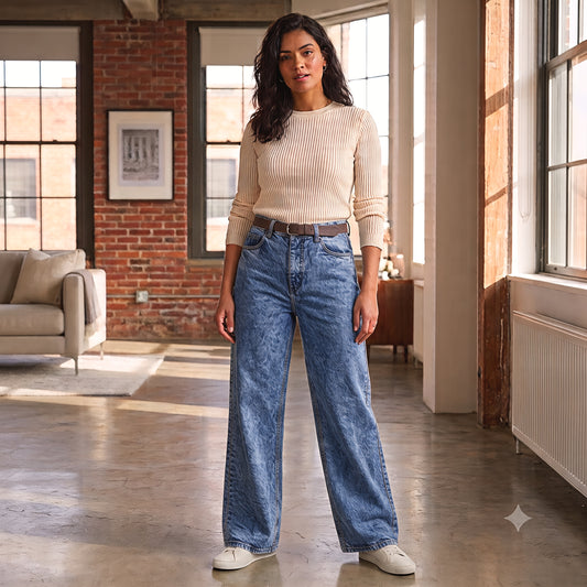 Women's Wide Leg Jeans - Acid Wash Blue - High Waisted Baggy Jeans - Stone Wash Denim