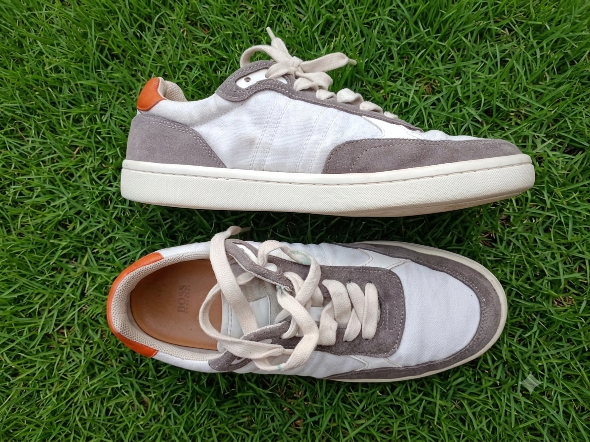 Hugo BOSS Low-Top Sneakers - White Grey Suede - Orange Detail - Pre-Loved SIZE EUR;41
