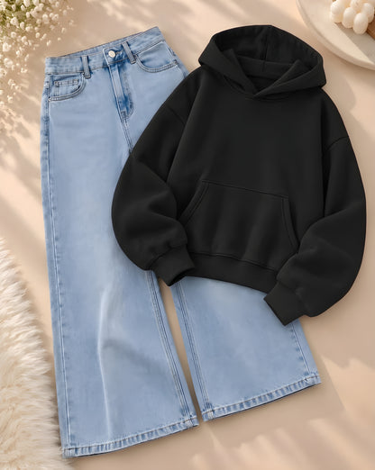 Hoodie + Wide-Leg Denim Jeans – Stylish Streetwear Combo