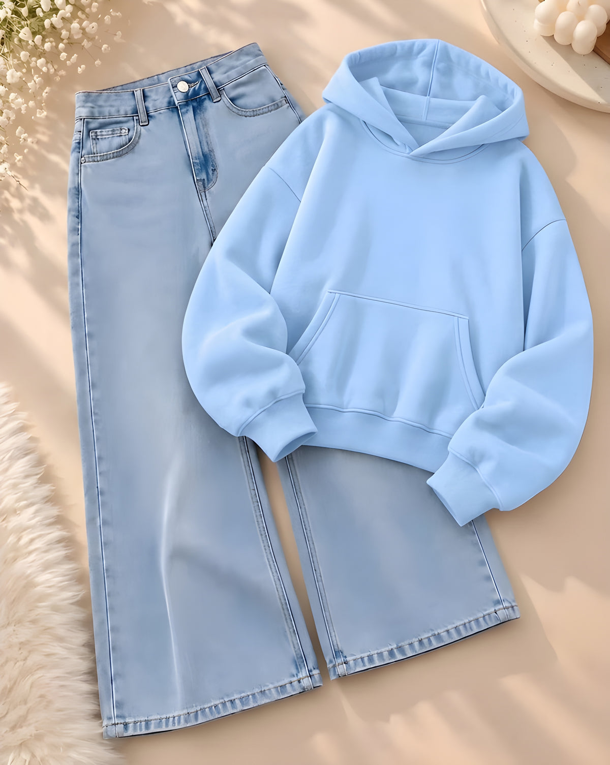 Hoodie + Wide-Leg Denim Jeans – Stylish Streetwear Combo