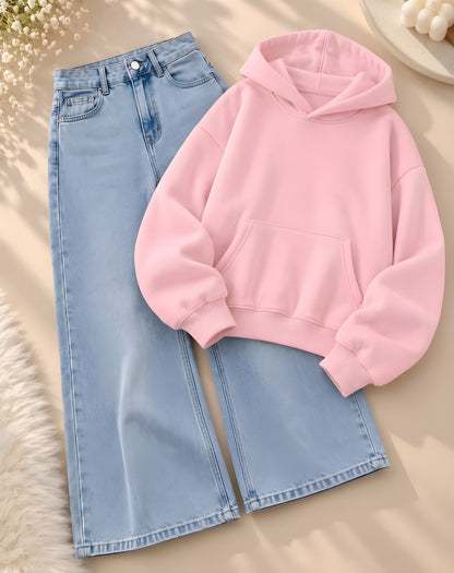 Hoodie + Wide-Leg Denim Jeans – Stylish Streetwear Combo
