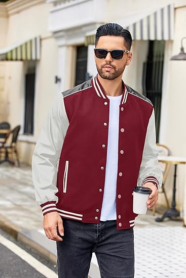 Mens Varsity Jacket Casual Baseball Letterman Bomber Jacket Coat