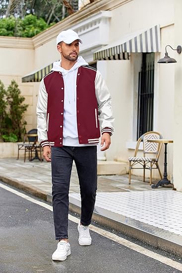 Mens Varsity Jacket Casual Baseball Letterman Bomber Jacket Coat